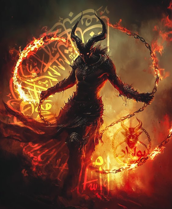 A dark fantasy illustration of a horned demonic figure wielding fiery chains surrounded by glowing runic symbols against a fiery red background.