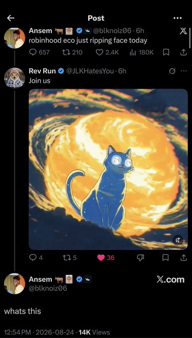A screenshot of a social media post on X (formerly Twitter) showing a quote tweet from 'Ansem' (@blcknoiz06) of 'Rev Run' (@JLKhatesYou) inviting people to 'Join us', featuring anime-style artwork of a cat against an orange swirling background.