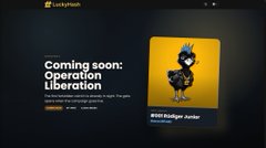 A webpage screenshot from '42-NATION.COM' announcing "Coming soon: Operation Liberation" for a 22nd Street Gallery Juror NFT, featuring a yellow avatar character.