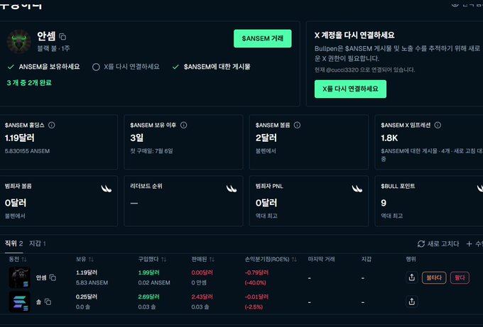 A screenshot of a cryptocurrency trading interface in Korean (토익) showing SANSEM token data, with prices listed in ANSEM and percentages, displaying 1.19₩, 3일, 2달러, and 1.8K SANSEM X 프로젝트 values.