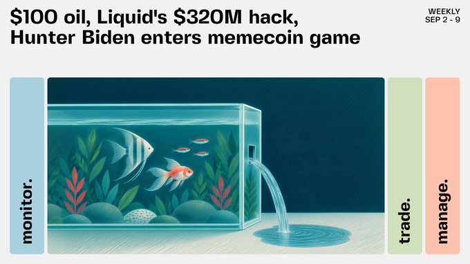 Weekly newsletter header titled '$100 oil, Liquid's $320M hack, Hunter Biden enters memecoin game' (Sep 2-9) featuring an illustration of fish in an aquarium with sections labeled monitor, trade, and manage.