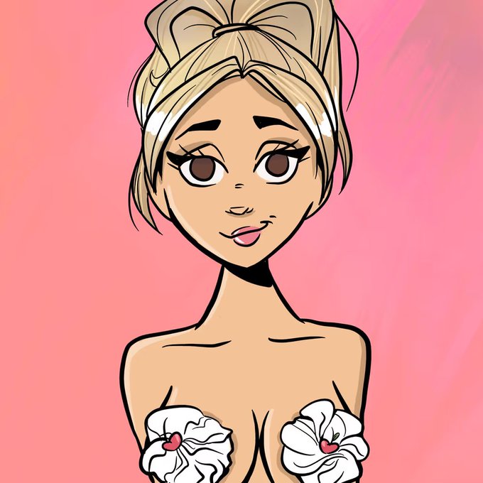 A cartoon-style illustration of a blonde female character with her hair in a bow, large eyes, and a white bikini top with pink heart details, set against a pink gradient background—likely representing MetaVixen#719, the winning NFT from the @MetaVixensNFT vote.