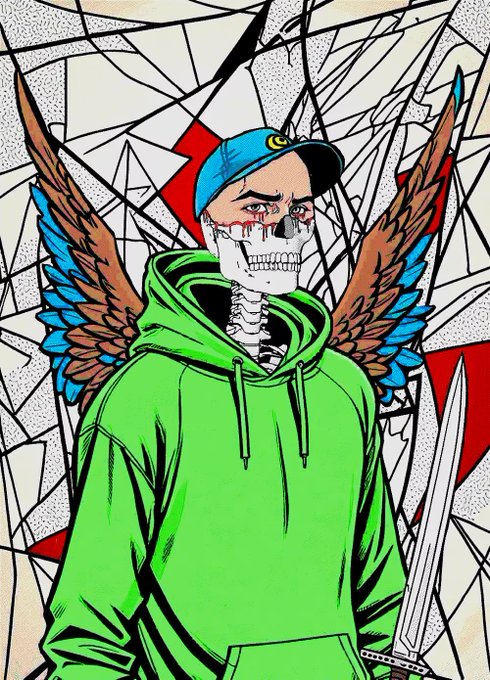 A pop-art style illustration of a man wearing a skull mask and a green hoodie with angel wings, standing in front of a shattered glass background.