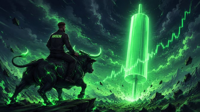 A digital illustration of a man labeled 'ANSEM' riding a glowing green bull toward a massive green candlestick and ascending chart, symbolizing a financial bull market.