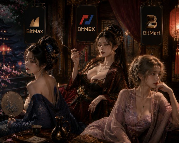 Three women in elaborate traditional Chinese attire sit in an ornate, lantern-lit setting, with logos for "BitMax," "BitMEX," and "BitMart" displayed prominently above them.