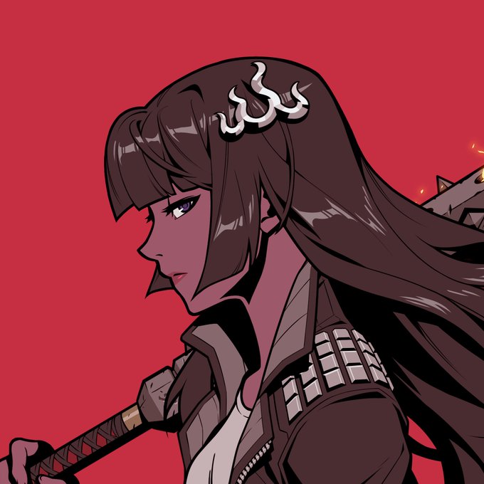 An anime-style illustration of a female samurai warrior with long dark hair, wearing a hairpin with three wavy symbols, set against a red background.