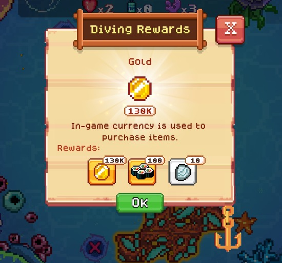 The image depicts a diving reward system from the game "FishingFrenzyCo". It features a gold reward symbol, an anchor, and several other items such as sushi. The screen shows a list of in-game currency rewards available for purchases and achievements. The main focus is on the gold reward, which can be used to purchase various items or enhance gameplay, with the text suggesting it may take "one dive" to earn it.
