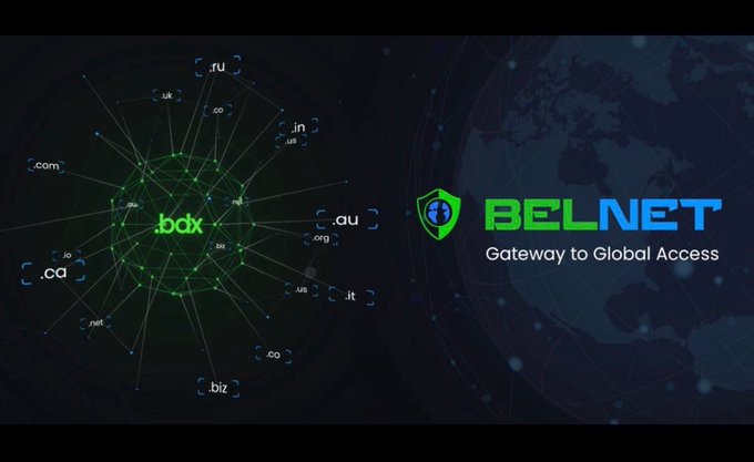 The image showcases the Beldex logo with the tagline "Gateway to Global Access," alongside a network diagram illustrating the .bdx domain connected to various top-level domains like .ru, .in, .us, .eu, .com, and others, visually representing how Beldex Name Service (BNS) unifies multiple digital identities under a single .bdx name.