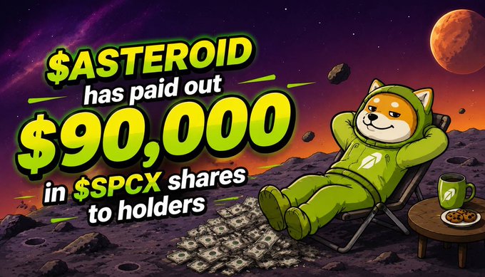 A Shiba Inu mascot in a green spacesuit relaxes in a chair on an alien planet, with the text "$ASTEROID has paid out $90,000 in $SPCX shares to holders" displayed alongside piles of cash, visually reinforcing the milestone of over $90,000 in SPCX rewards distributed to the ASTEROID community.