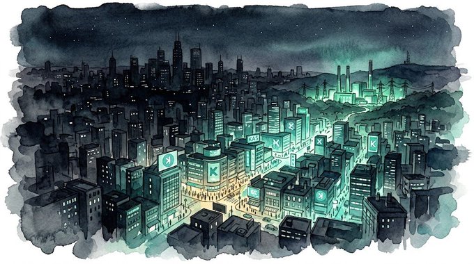 A watercolor-style illustration of a cityscape at night with a glowing teal/green district featuring 'K' logos on buildings, contrasting with darker surrounding areas.