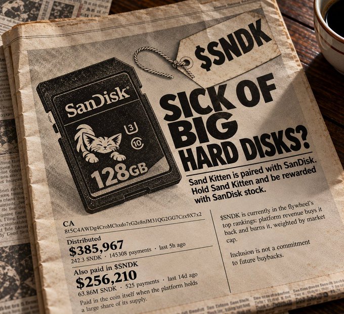 A newspaper-style advertisement for '$SNDK' (SanDisk) with the headline 'SICK OF BIG HARD DISKS?' featuring an image of a 128GB SanDisk memory card.
