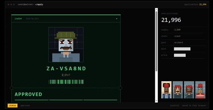A pixel-art style application form showing a character named 'ZA-VSA8ND' with status 'APPROVED' and '21,996 applications' on the right side.