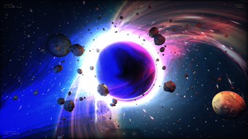 A digital artwork depicting a cosmic scene with a glowing central planet surrounded by orbiting asteroids and a smaller orange planet against a starry blue and purple background.