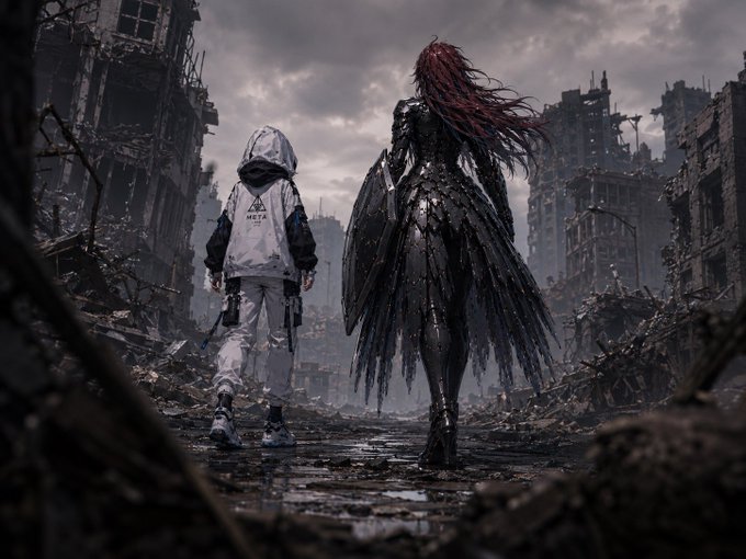 A figure in a white hooded jacket walks alongside a tall, dark armored character with flowing red hair and large black wings through a ruined, post-apocalyptic cityscape under an overcast sky. The haunting atmosphere of "追う気配" (the sense of being pursued) is visually echoed in the shadowy, menacing winged figure following close behind the lone traveler amid the desolation.