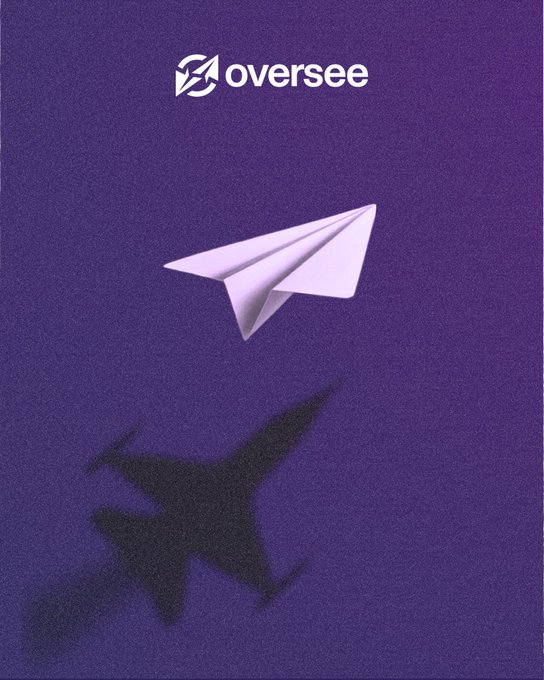 A white paper airplane soars through a purple sky, casting a shadow shaped like a fighter jet, with the logo 'oversee' displayed at the top.