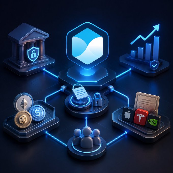 A 3D isometric digital illustration showing interconnected glowing blue platforms featuring financial and crypto icons including a bank with a lock, cryptocurrency coins, a document with lock, a bar chart with rising arrow, company logos (Apple, Tesla, NVIDIA), and a people icon.