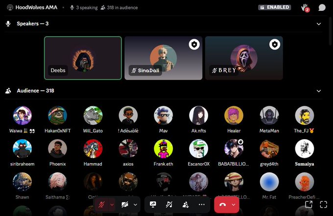 Discord voice channel screenshot titled 'HoodWolves AMA' with 3 speakers (Deebs, SinoDai, BREY) and 318 in the audience.