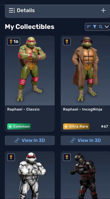 A mobile app screen titled 'My Collectibles' displays a grid of TMNT character cards, including 'Raphael - Classic' (Common, 16) and 'Raphael - IncogNinja' (Ultra Rare, #67), each with a 'View in 3D' option.