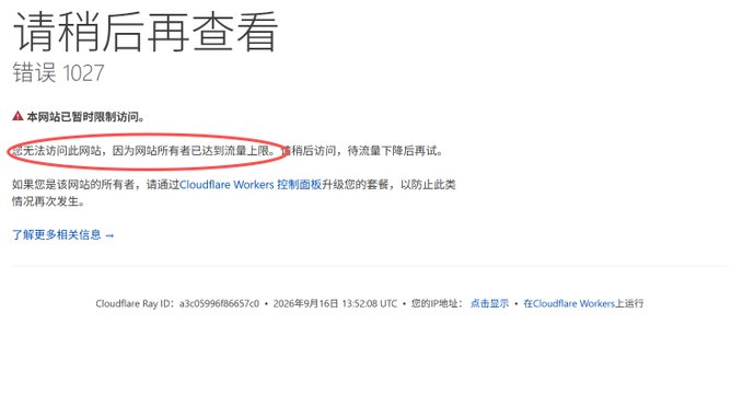 A Cloudflare error 1027 page displayed in Chinese, with the message '请稍后再查看' and text circled in red indicating the website has temporarily restricted access due to traffic limits.