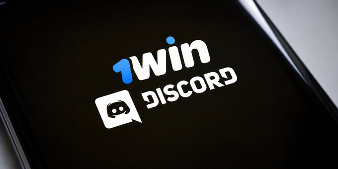 A close-up of a smartphone screen displaying the logos for '1Win' and 'Discord' on a black background.