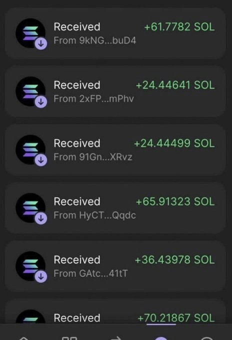 A mobile app screenshot displays multiple cryptocurrency transaction notifications showing received SOL (Solana) amounts ranging from 24.44 to 65.91 from various senders.