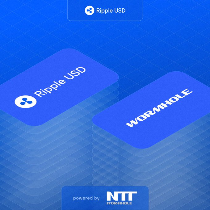A blue-themed promotional graphic displays stacked cards labeled "Ripple USD" and "Wormhole" alongside their logos, with a header reading "Ripple USD" and a footer noting "powered by NTT Wormhole," visually reinforcing the integration of Ripple's $RLUSD stablecoin with Wormhole's Native Token Transfers for cross-chain functionality.