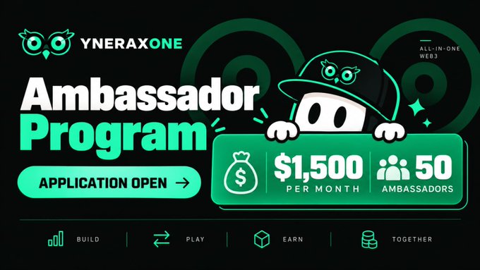 A promotional banner for the YneraXOne Ambassador Program featuring their owl mascot, announcing "$1,500 per month" compensation with "50 ambassadors" slots available, alongside an "APPLICATION OPEN" call-to-action and tags highlighting "BUILD, PLAY, EARN, TOGETER" values.