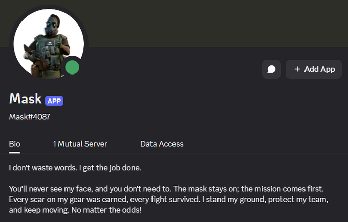 A Discord or social media profile for 'Mask' (Mask#4087) with the bio 'I don't waste words. I get the job done,' featuring a profile picture of a masked soldier character and an 'Add App' button.
