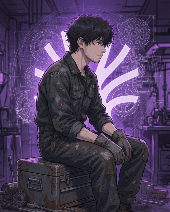 Anime-style digital illustration of a dark-haired male mechanic in soiled coveralls sitting on a metal toolbox, with glowing purple gear schematics in the background.
