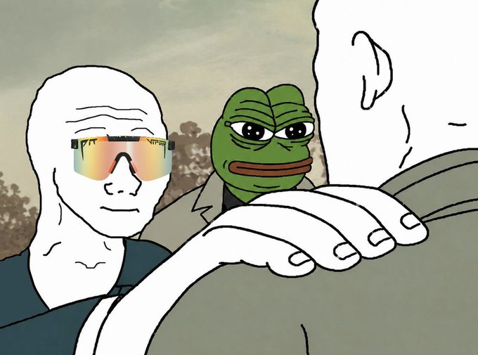 The image features a cartoon drawing of two men, one wearing sunglasses and holding a frog, and another man wearing glasses who appears to be hugging the frog-wielding man. The caption below the image reads "I don't think about you You need to start thinking about exiting while you still can Win with us or watch us win $WOJAK on ETH is going to billions".