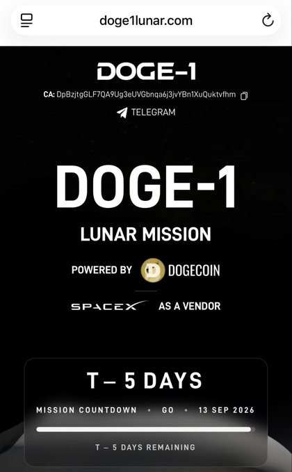 A mobile screenshot of doge1lunar.com promoting the DOGE-1 Lunar Mission, powered by Dogecoin with SpaceX as a vendor, featuring a "T - 5 DAYS" countdown to the mission's planned launch on 13 September 2026, matching the accompanying post about the imminent launch.