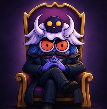 A purple-skinned cartoon character with glowing orange eyes, white horns, and a small skull on its head sits scheming in an ornate throne-like chair. The menacing, villainous aesthetic ties into the post's promotion of the @thedaks_png NFT collection, framing $DAK holders as powerful figures within the Discord community.