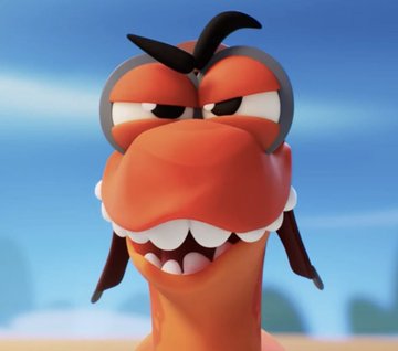 A close-up of an orange cartoon creature character, possibly from an animated game or film, with a grumpy expression, black horns, and prominent teeth against a bright sky background.