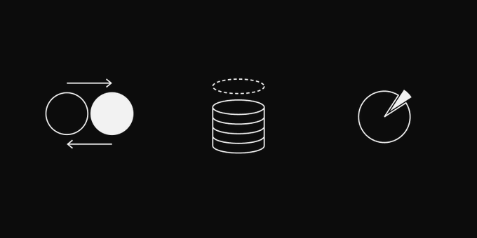 The image shows three simple white icons on a black background: two circles with arrows indicating exchange/swap, a database/server cylinder representing liquidity storage, and a pie chart with an arrow indicating distribution or growth.

Together, these icons visually represent the mechanics of a liquidity pool (POOL4) for FWA tokens—illustrating the swap/exchange functionality, the pooled reserves, and the allocation of funds, aligning with the post about creating an experimental liquidity pool.