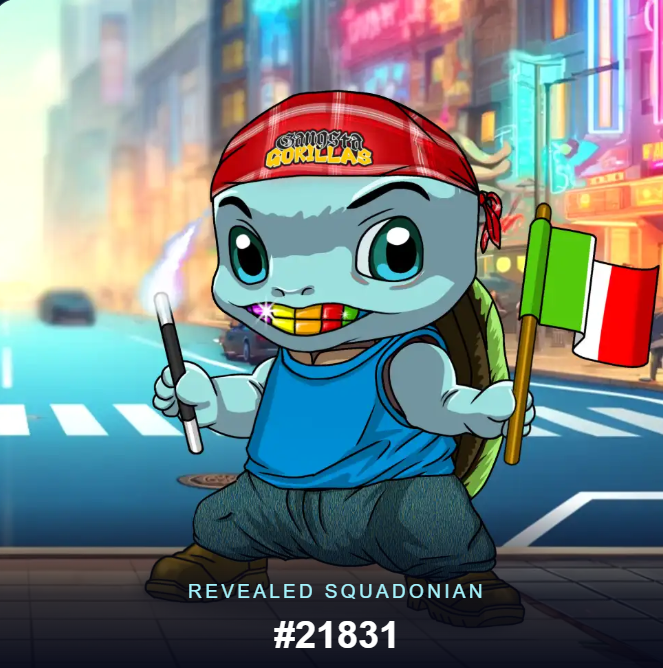 A cartoon turtle mascot labeled 'Squadonians' wearing a red bandana and blue tank top, holding a magic wand and an Italian flag, with the text 'REVEALED SQUADONIAN #21831' at the bottom.