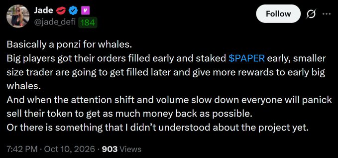 A tweet from user @jade_defi criticizes a crypto project, calling it 'Basically a ponzi for whales,' noting that big players get orders filled early and stake $PAPER while smaller traders will be forced to sell during panic.