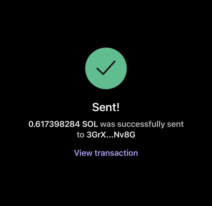 A confirmation screen showing a successful Solana transaction of 0.617398284 SOL sent to address 3GrX...Nv8G, with a "View transaction" link, visually verifying the $50 crypto transfer mentioned in the post.