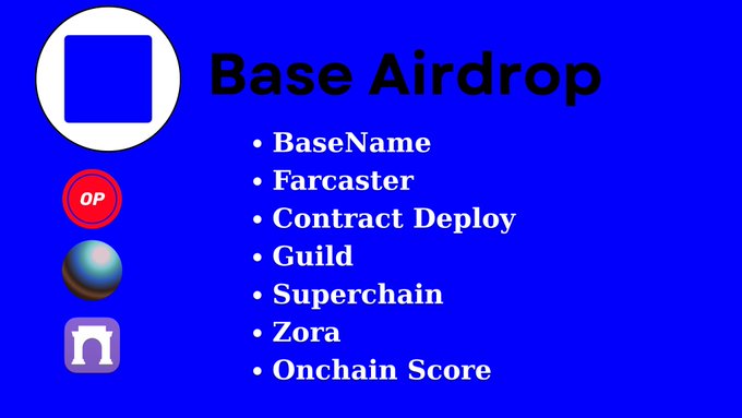 A slide titled "Base Airdrop" lists key categories including BaseName, Farcaster, Contract Deploy, Guild, Superchain, Zora, and Onchain Score, with logos for Base, Optimism (OP), and a purple "n" icon. The image relates to the announcement by highlighting the Onchain Score metric, which likely ties into the new Base Verify Onchain feature designed to combat Sybil attacks during airdrop distributions.
