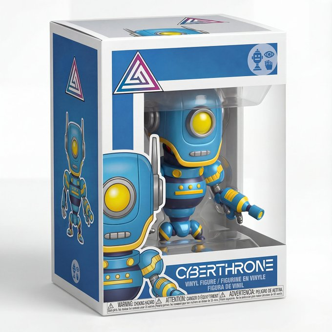 A box for a 'CYBERTHRONE' vinyl figure featuring a blue and yellow robot character with a glowing yellow eye, displayed in its packaging.