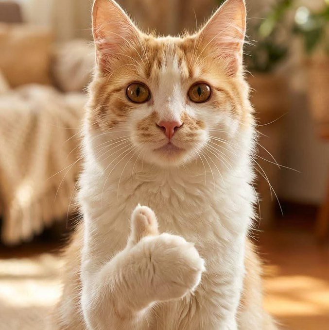 An orange and white cat gives a thumbs-up gesture while looking directly at the camera. The image pairs with the post's meme about stoic crypto holders, with the cat's "thumbs up" symbolizing the calm, philosophical "Type B" trader who embraces Nietzschean endurance through market volatility for $NCAT.