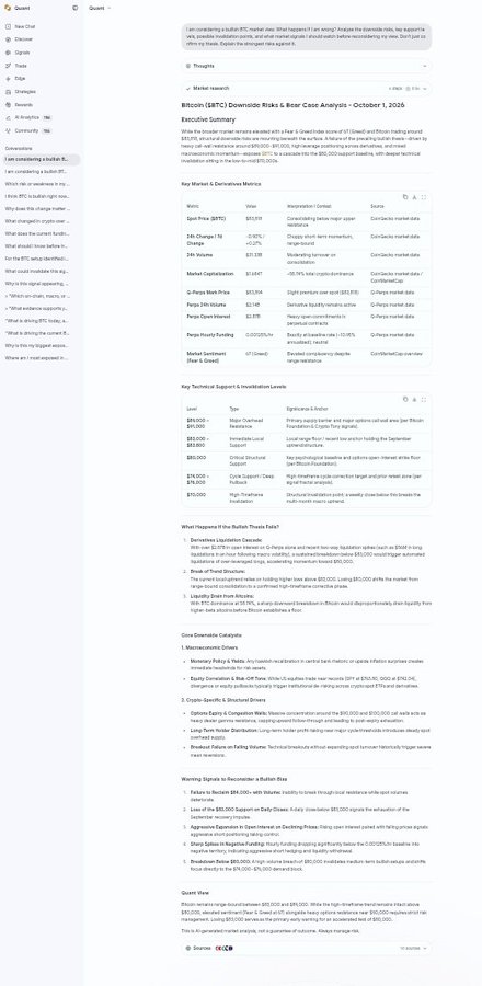 A screenshot of a market research report titled 'Bitcoin (BTC) Downside Risks & Bear Case Analysis - October 1, 2026' showing economic summary tables.