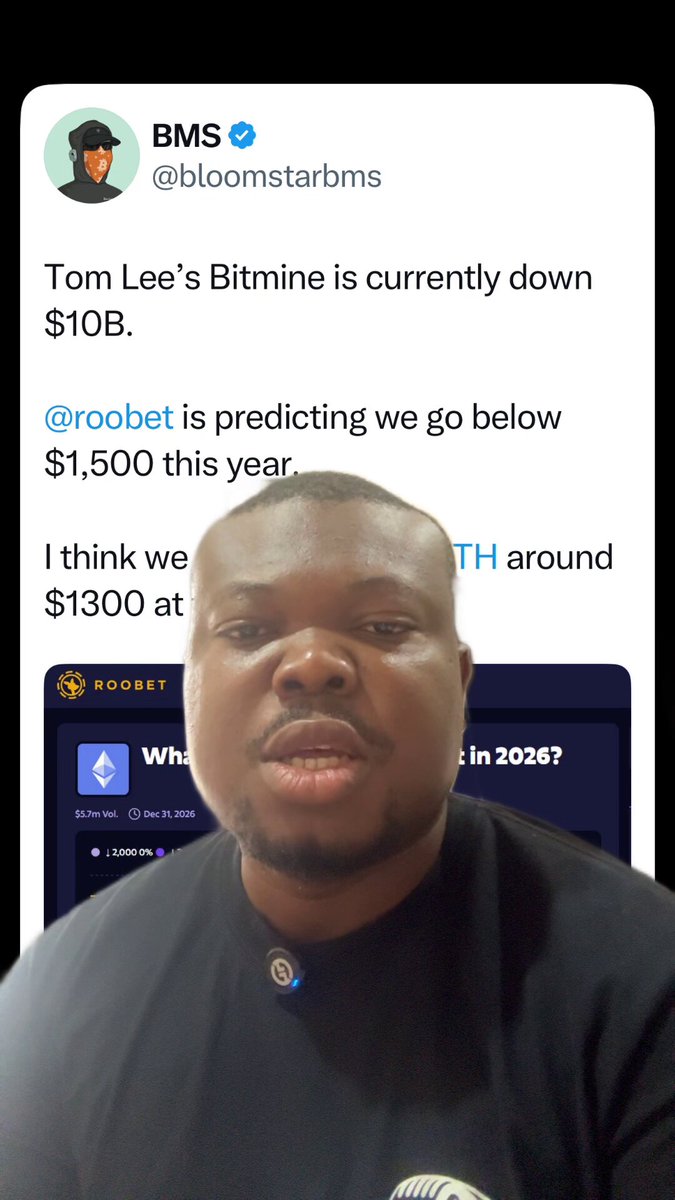 The image shows a man wearing a black t-shirt, with his face displayed prominently against a white background. The text of the post includes a quote from Tom Lee about Bitcoin and Ethereum, stating that Bitcoin is dead and Ethereum is dead. The caption reads "Ethereum is dead. Tom Lee sell your bags and take your loss and go. You can’t be buying when the founder is selling." This message seems to be related to the post's content, as it uses a quote from the founder of Bitcoin to support his claim about the cryptocurrency market.