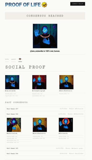 A 'Proof of Life' webpage displaying 'CONSENSUS REACHED' for @iam_metamike with the text 'is 100% real, human,' along with sections for 'SOCIAL PROOF' and 'PAST CONSENSUS' showing similar avatar images.