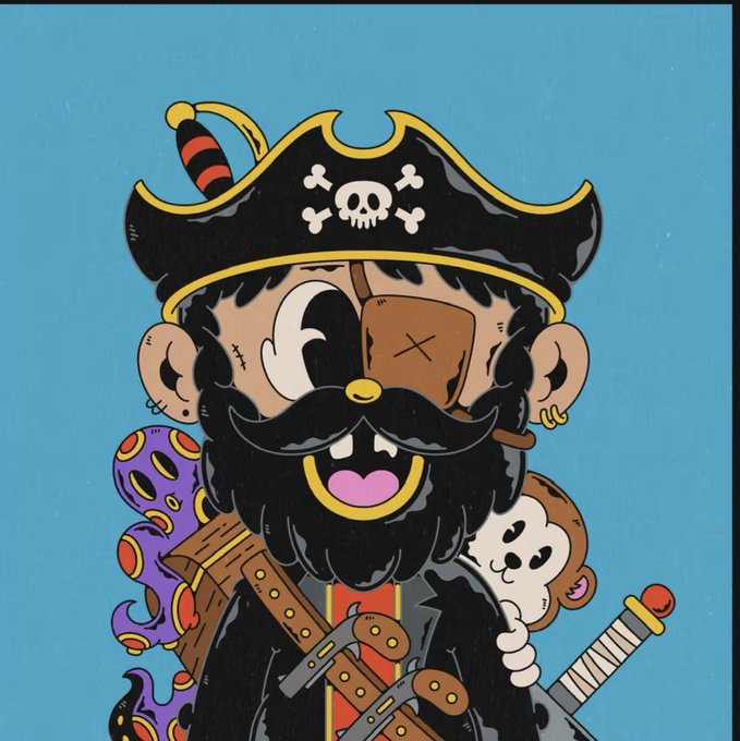 A cartoon illustration depicts a pirate with a skull-and-crossbones hat, eye patch, gold tooth, and octopus tentacles emerging from his shoulder.