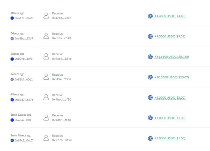 A list of recent USDC receive transactions showing multiple small incoming transfers (+1.0000 to +61.6100 USDC) from various addresses, illustrating the spam of micro-transactions referenced in the post warning about bridge scammers on ARC who trick users into sending funds to scammer-controlled addresses via fake CCTP bridge links.