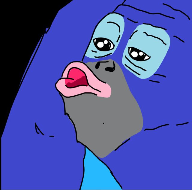 A digital illustration of a stylized face with exaggerated features including large blue eyes with white pupils, a gray face, pink lips, and long dark blue hair against a black background.