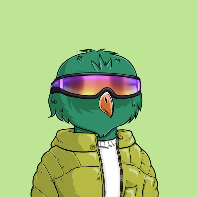 A cartoon-style NFT-style illustration of a green anthropomorphic bird character wearing reflective rainbow ski goggles and a puffy yellow-green jacket against a light green background.