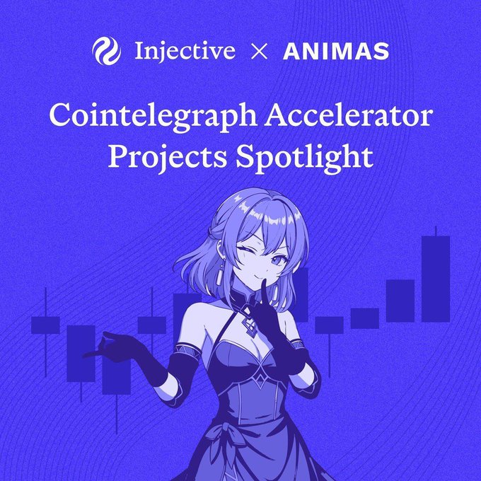 A blue promotional graphic featuring an anime-style character reading 'Injective x ANIMAS Cointelegraph Accelerator Projects Spotlight'.