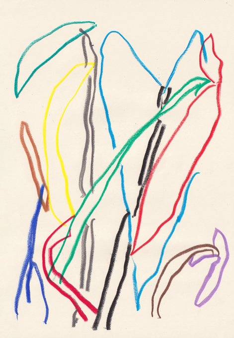 An abstract artwork features multiple overlapping, wavy line drawings in colors like blue, yellow, green, red, and black on a white background.
