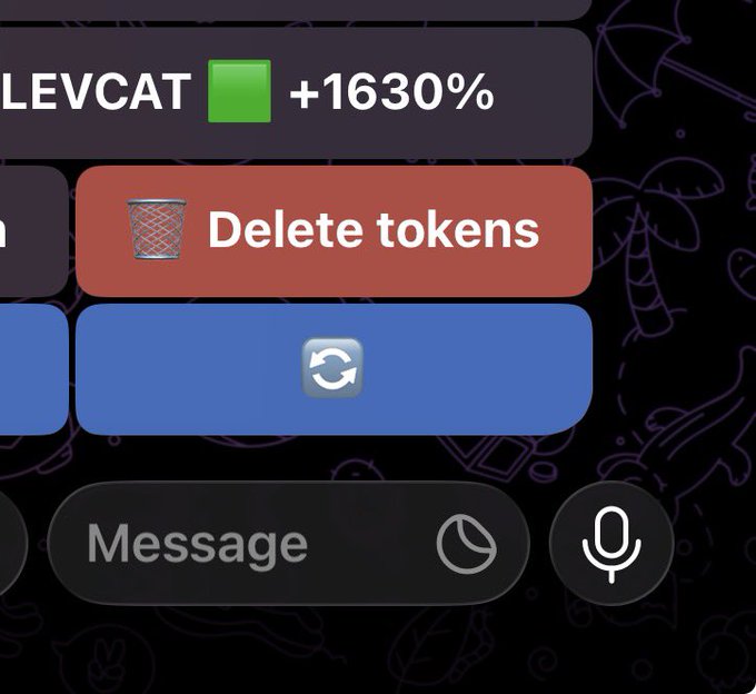A screenshot from a messaging app shows "LEVCAT" with a green indicator and a "+1630%" gain, alongside a "Delete tokens" button with a trash bin icon, a blue refresh button, and a "Message" input field. The image illustrates the trader's commitment to holding LEVCAT until it reaches a 1 million market cap, despite the impressive gains already shown.